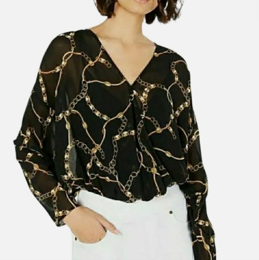 Leyden Womens Large Black Chain Print Long Sleeve Snap Bodysuit - Picture 2 of 10